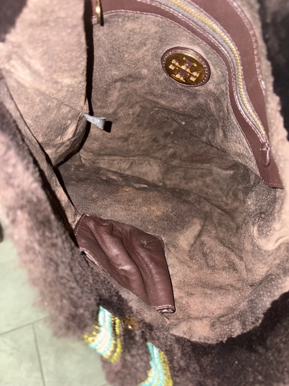 VINTAGE TORY BURCH Brown Sheepskin Shoulder Crossbody Embroidered Geometric Bag